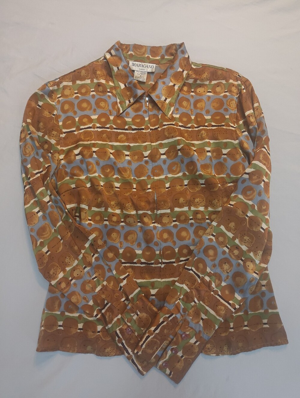 Sharagano Paris Vintage 100% Silk Full Zip Down Shirt Sz S Geometric Retro Art